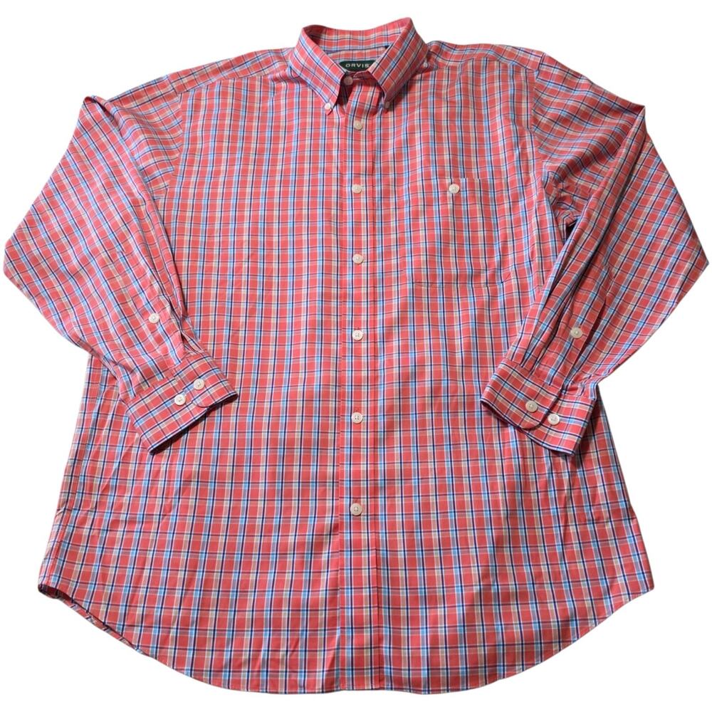 Orvis Men's Large Red Blue Plaid Button Front Shirt 100% Cotton Long Sleeve